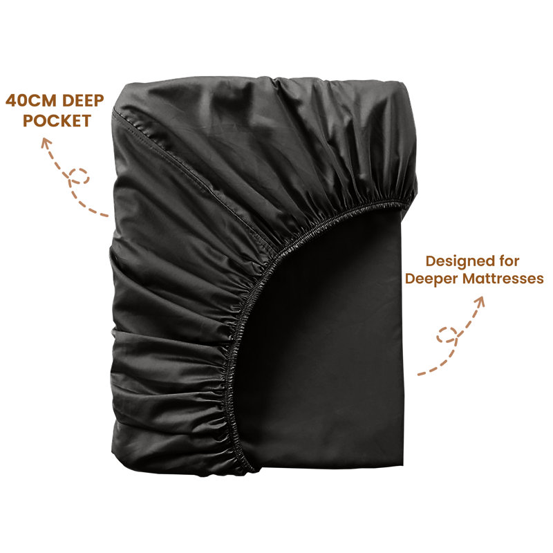 40cm Extra Deep Fitted Sheet - Luxury Microfiber Deep Pocket Bed Sheet Secure Fit, Black, Kingsize (152x200cm)