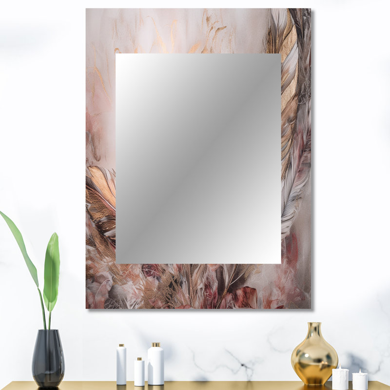 Gold Glamorous Feathers Of Boho Fantasy IV - Glam Feather Mirror, Modern Decorative Wall Mirror, Printed Metal Art, 40" x 30"