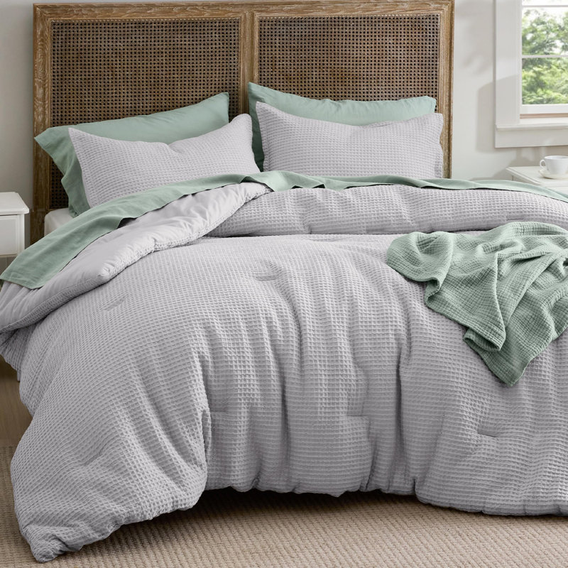 Bedsure Waffle Comforter Set, Gray, King Comforter + 2 King Shams
