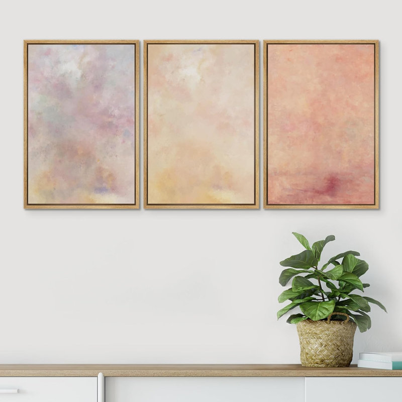 Abatract Shapes Med-Century, reproduction d'art encadrée sur toile, 3 pièces, H 24 po x l 48 po x P 1,5 po, Naturel