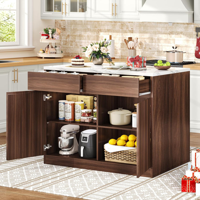 47.2" Faux Marble Countertop Kitchen Island with 2 Drawers and Adjustable Shelves, Coffee Bar Station, Beveled Edge Door Cabinet, Dining Table for 2-4 People