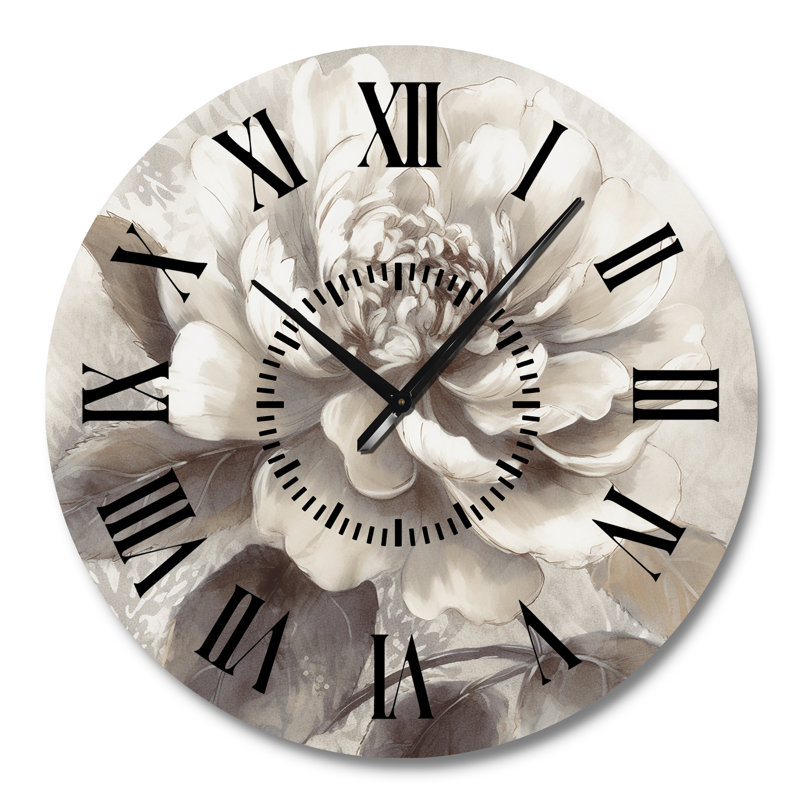 Horloge murale à pivoines grises sur branche II, Grand