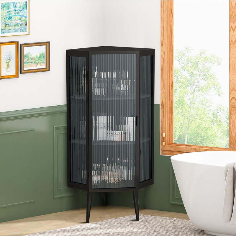 Armoire de rangement moderne en fer avec portes et côtés en verre, Noir mat