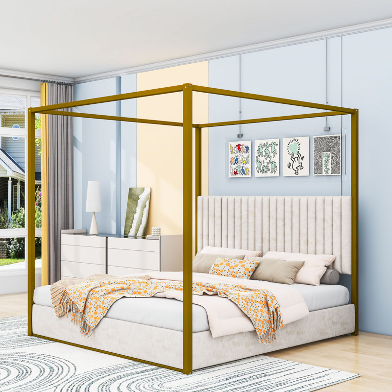 Upholstery Canopy Platform Bed with Headboard, Gold/White, King