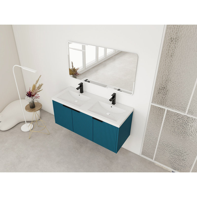 Meuble-lavabo mural 48 po avec lavabo double en résine et 3 portes à fermeture en douceur, Bleu lac