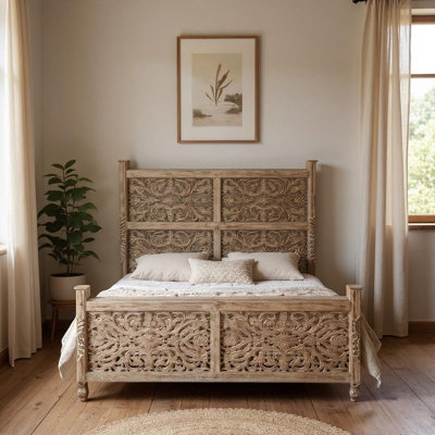  Brighton Grey Carved Floral Solid Wood King Bed Frame — King, Grey