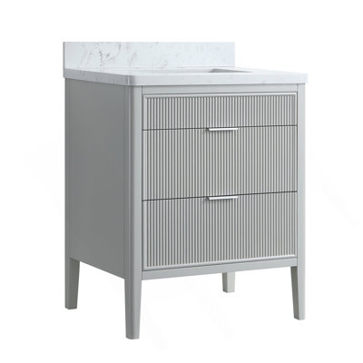 Fully Assembled 30''  Grey Freestanding Single Sink Bathroom Vanity With 2 Handle Sets And Engineered Marble Top