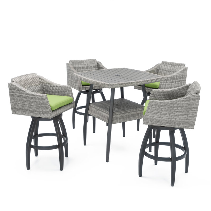 Fionnula Square 4 - Person 38" Long Bar Height Dining Set With Sunbrella Cushion Covers, Canvas Ginkgo Sunbrella® Canvas