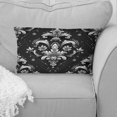 Black Silver Damask Print IV - Traditional Lumbar Pillow