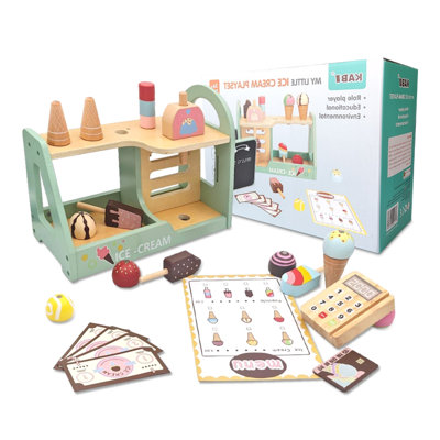 Ensemble de jeu de crème glacée en bois avec distributeur déroulant - Comprend des cônes, des sucettes glacées, des pelles, de l'argent et du menu, des accessoires de cuisine de jeu