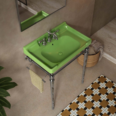 Lavabo de console de salle de bain, meuble-lavabo mural en céramique avec 3 trous de robinet pré-percés, pieds de support autoportants en acier inoxydable avec barre à serviettes, sans robinet ni couvercle de lavabo