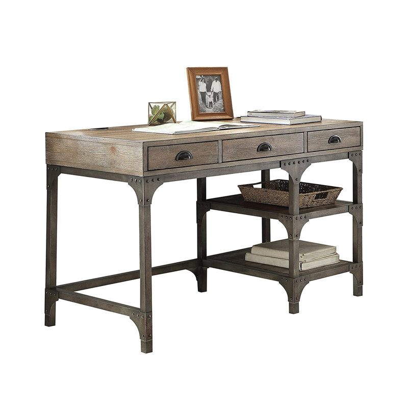 Weathered Oak and Antique Silver Industrial Writing Desk with Drawers