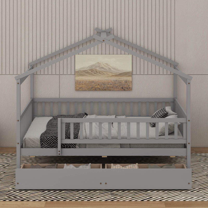 Lit double en bois avec tiroirs, Gris