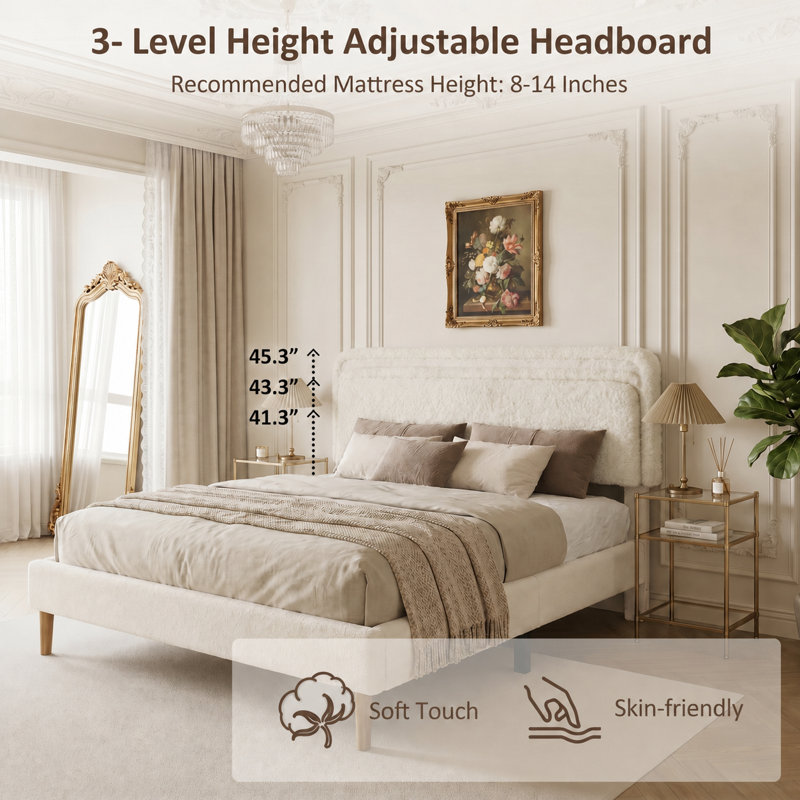 Base de lit grand avec tête de lit ajustable Boucle, base de lit tapissier avec lattes en bois, grand lit silencieux, pas de sommier requis, assemblage facile,