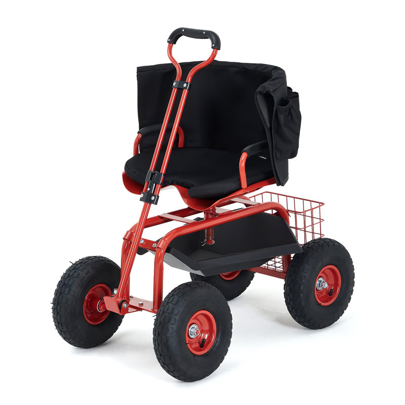 Siège de jardin roulant, tabouret de travail robuste, roues de 10 po, pivotant, réglable, avec plateau à outils, rouge, Rouge