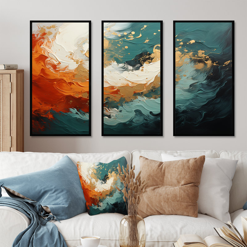 Orange et marbre doré, lave III - art mural abstrait, Cadre flottant noir, H 40 po x l 61 po x P 1 po