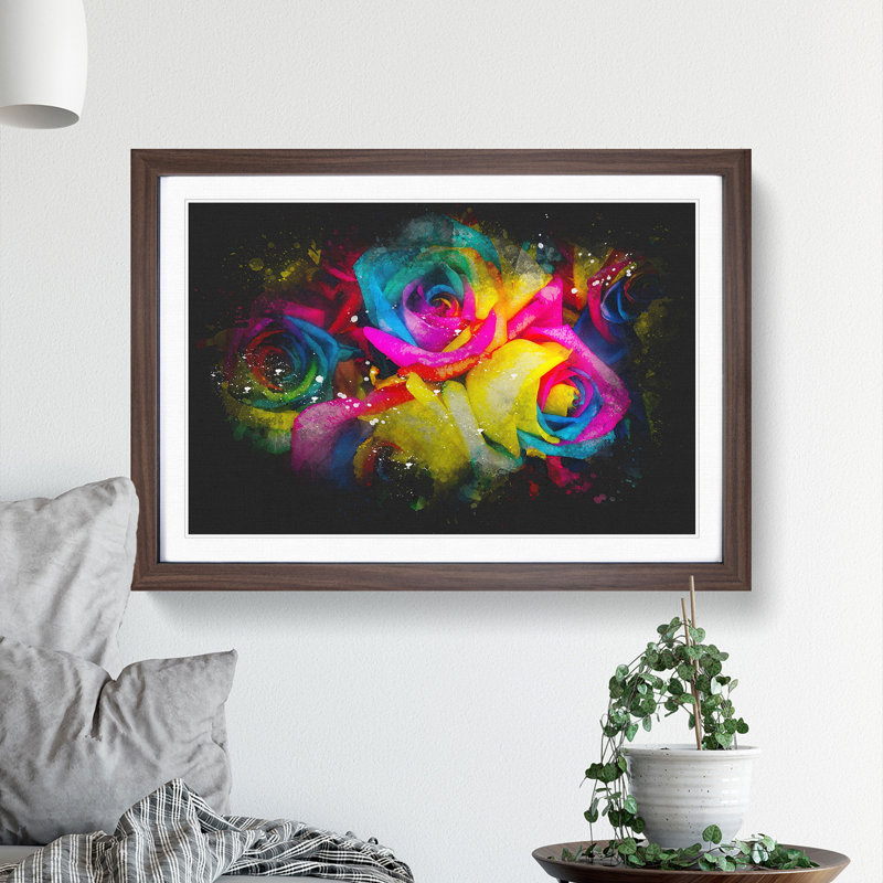 Multi-Coloured Rainbow Roses - Picture Frame Graphic Art Print, 33cm H x 45cm W x 2cm D, Walnut Framed