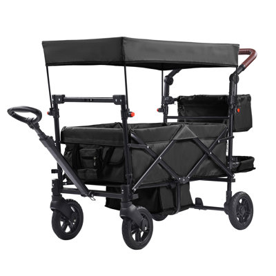 Wagon Stroller for 2 Kids, Push Pull Quad Collapsible Stroller with Adjustable Handle, Encircling Harness Removable Canopy, 4 Wheels with Brakes, Mutifunction Tandem Stroller for Camping Black