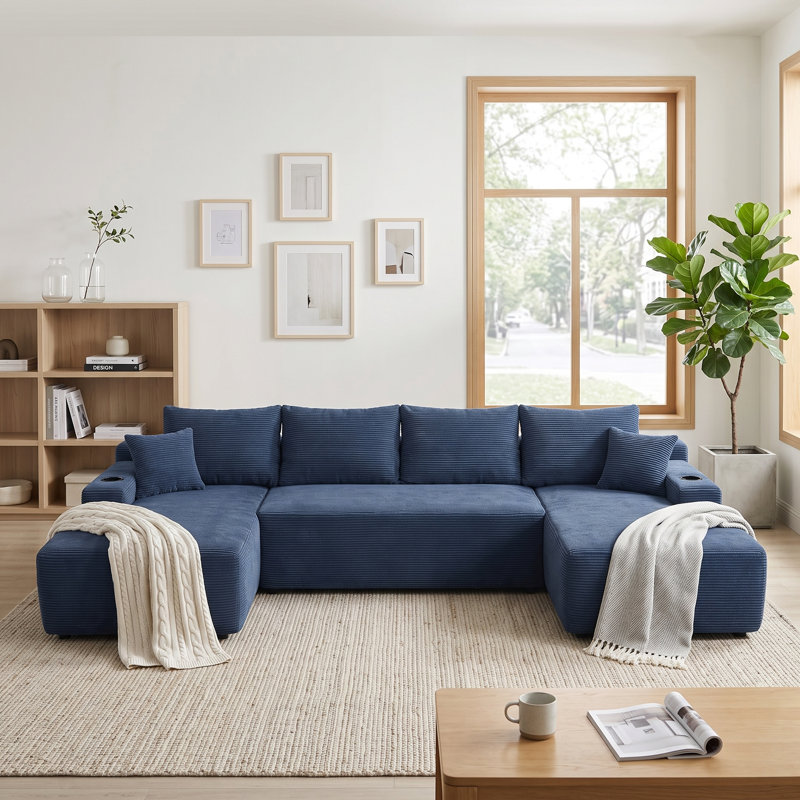 Canapé modulaire en U avec méridienne et velours côtelé Aino, Bleu