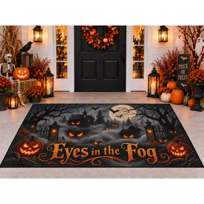 Tapis d'Halloween extérieur 5 pi x 7 pi, motif d'Halloween dans la forêt hantée yeux dans le brouillard, tapis en boucle de PVC imperméable, tapis à séchage rapide robuste pour porche