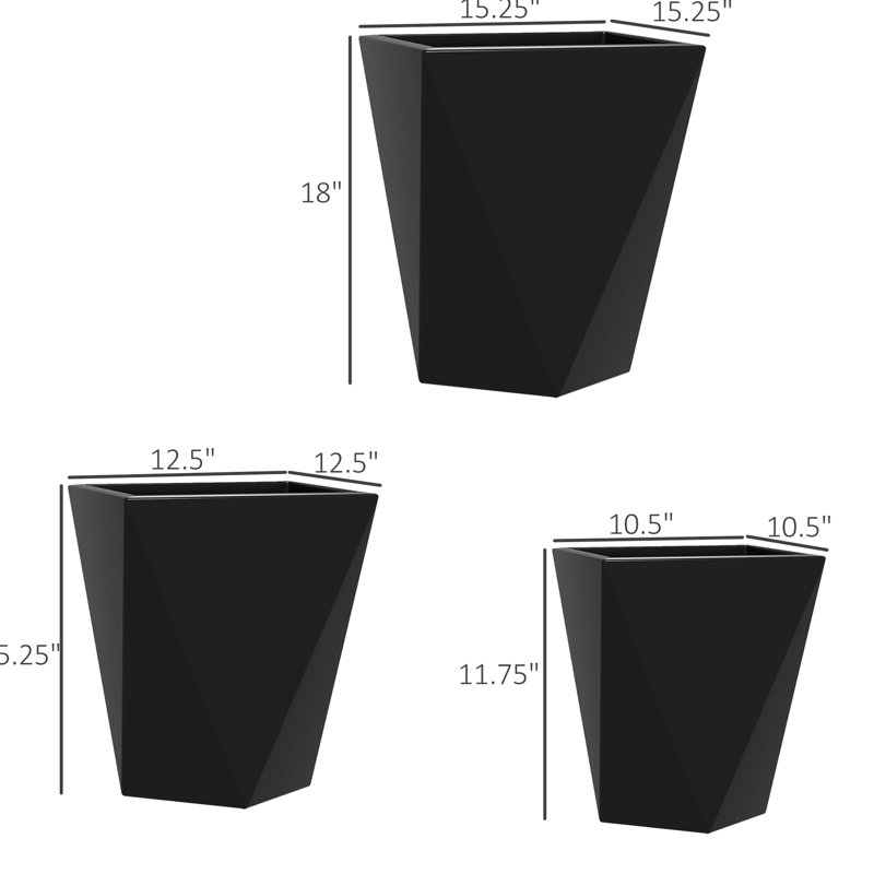 Of 3 Planters, 18", 15.49", 11.75", With Drainage For Garden, Patio, Balcony, Front Door, Black Pots Planters Holes, Indoor Outdoor