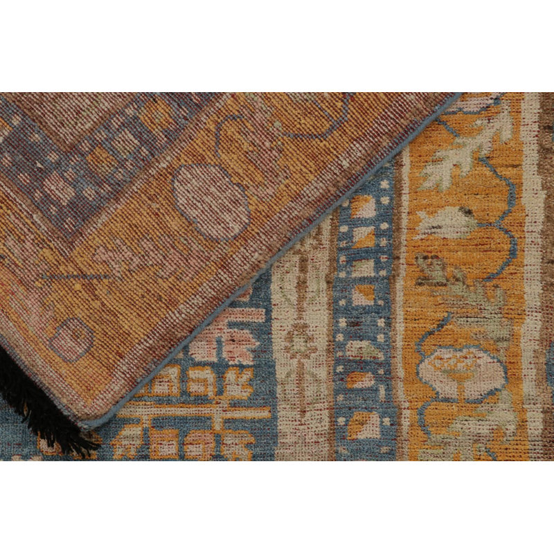 Rug & Kilim’S Khotan Rug In Blue, Gold And Pink Geometric-Floral Patterns, Runner 3' x 8'