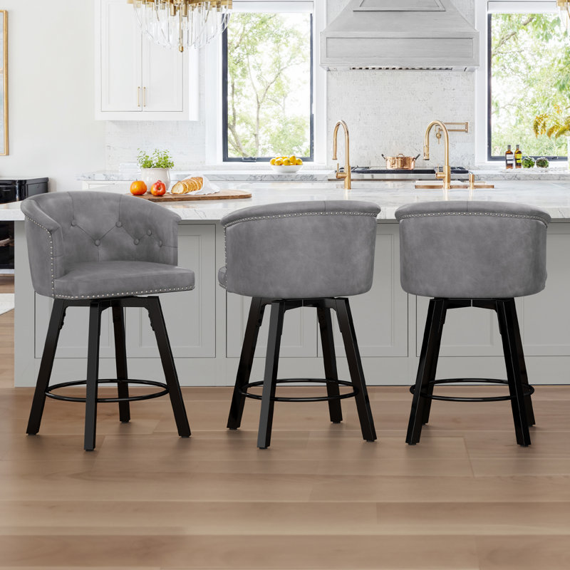Swivel Counter Stool With Upholstered Seat And Metal Frame  Set Of 3, Gray