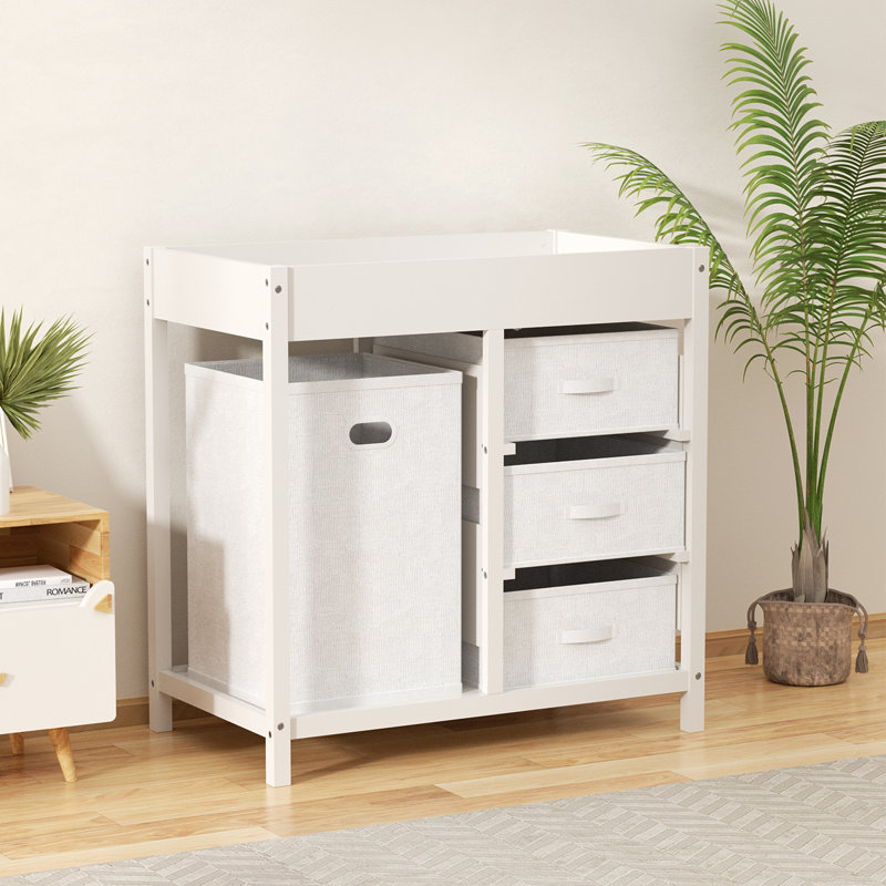 Baby Changing Table With Laundry Hamper And 3 Storage Drawers, White