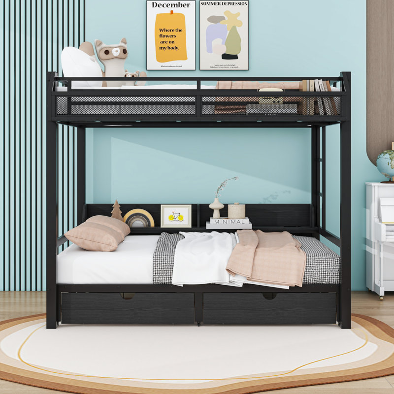Metal Bunk Bed With LED Light Strip, Charge Station, 2 Drawers And Storage Shelves, Black, Queen