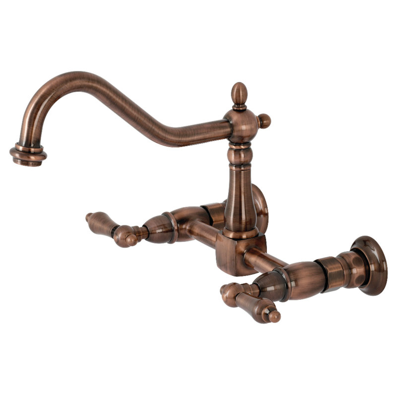 Kingston Brass Heritage Double-Handle 2-Hole Wall-Mount Bridge Kitchen Faucet, Antique Copper