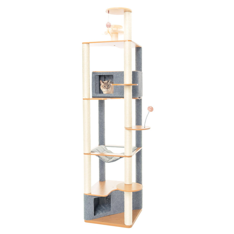 Tall Modern Sisal and Bamboo Cat Tower with Gray Felt