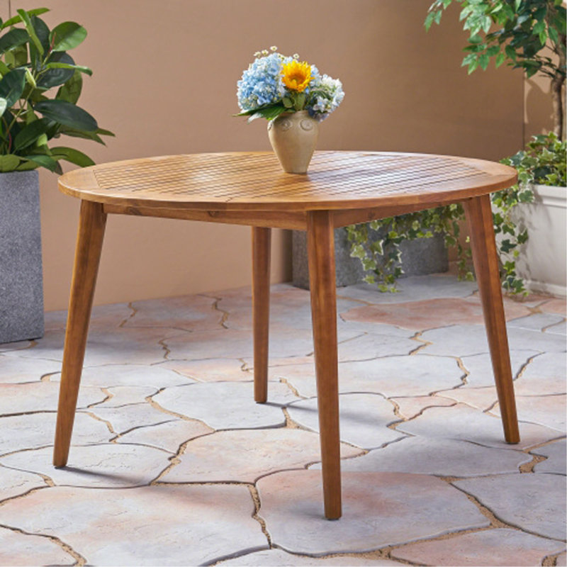 Table de salle à manger ronde 47,25 po en bois d'acacia avec finition en teck, table de patio moderne à lattes pour l'intérieur et l'extérieur