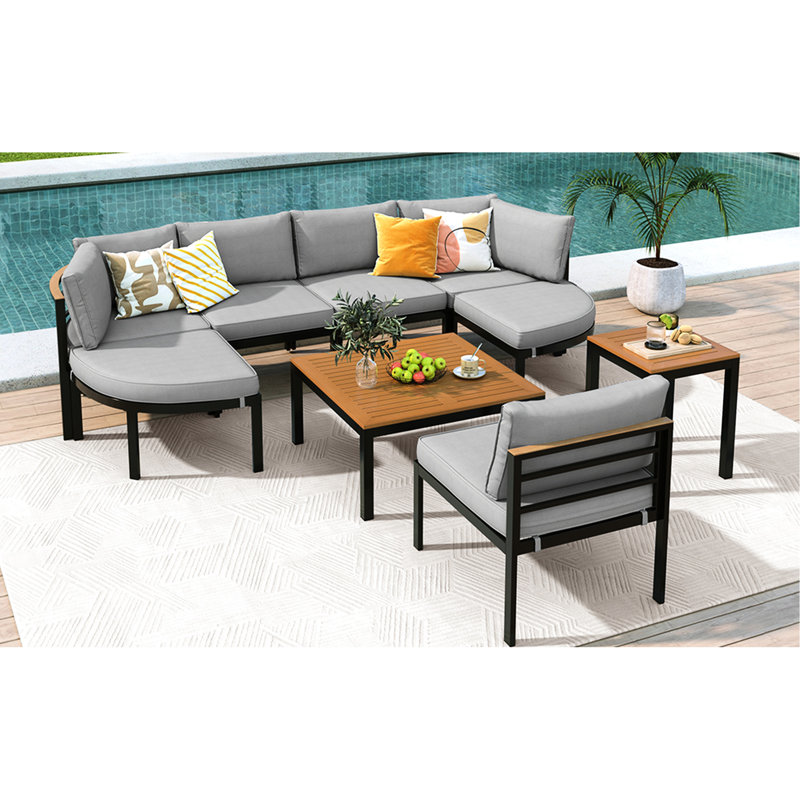 Canapé modulaire moderne gris pour le jardin - Structure en fer, coussins imperméables, 8 sièges, mobilier d'extérieur polyvalent pour terrasse et jardin modulaire