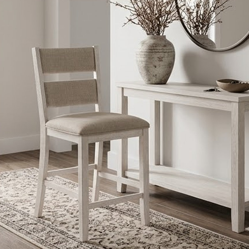 Ensemble de 2 chaises à hauteur de comptoir Vile, polyester gris, blanc antique vieilli
