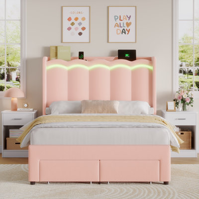 3 Piece Bedroom Set, Velvet Upholstered Bed With LED Lights & Storage Drawers, 2 Nightstands With 1-Drawer by Gemma Violet