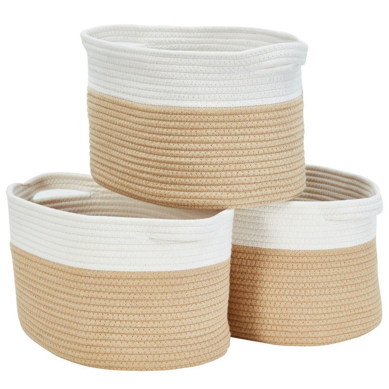Décor Blanket Hamper Fabric Bin Set, White/Beige