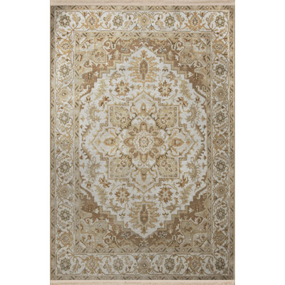 Beige Themed Traditional Motif Patterned Fringed Vintage Decorative Carpet