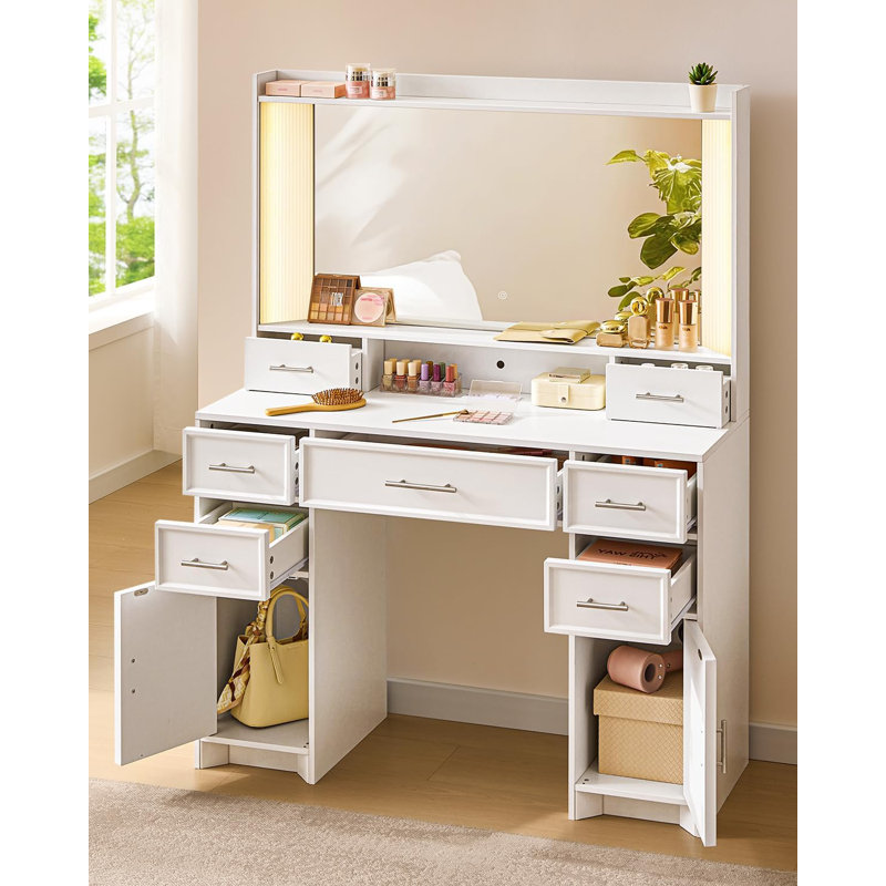 Makeup Vanity Desk with Mirror and Lights, White Vanity Table with 3 Color Lights, 7 Storage Drawers and Large Mirror for Women,White