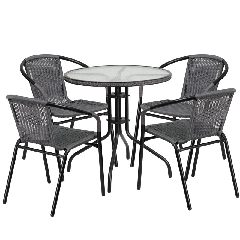 28'' Round Glass Table with Rattan Edging and 4 Rattan Stack Chairs, Grey