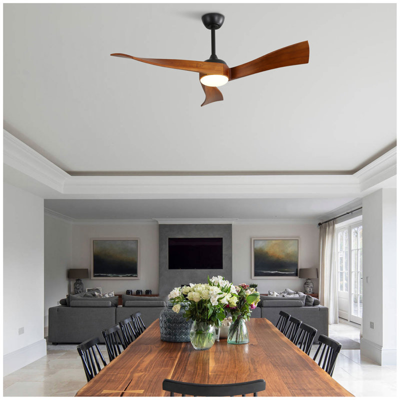 52 Inch Minimalist Ceiling Fan Light With 6 Speed Remote Energy-Saving DC Motor, Black, Brown