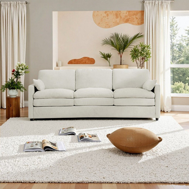 89" Cozy Upholstered 3-Seater Sofa - Oversized Cloud Sofa with Double Cushions, Plush Chenille Fabric, Rolled Arms, Beige