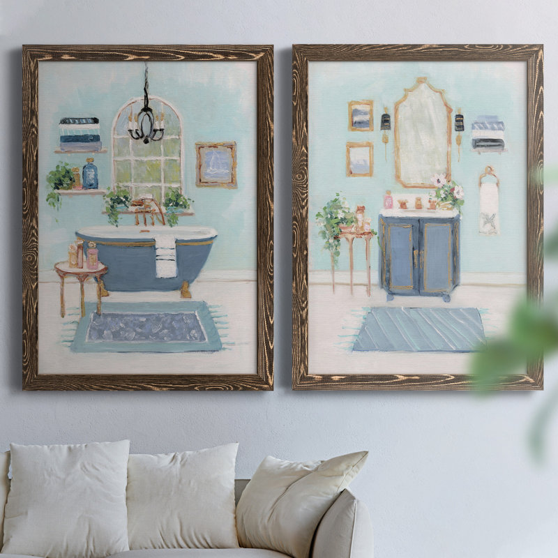 «Blue Bath I», peinture sur toile 2 pièces, H 20 po x l 34 po x P 1,5 po, Encadré de bois de noyer
