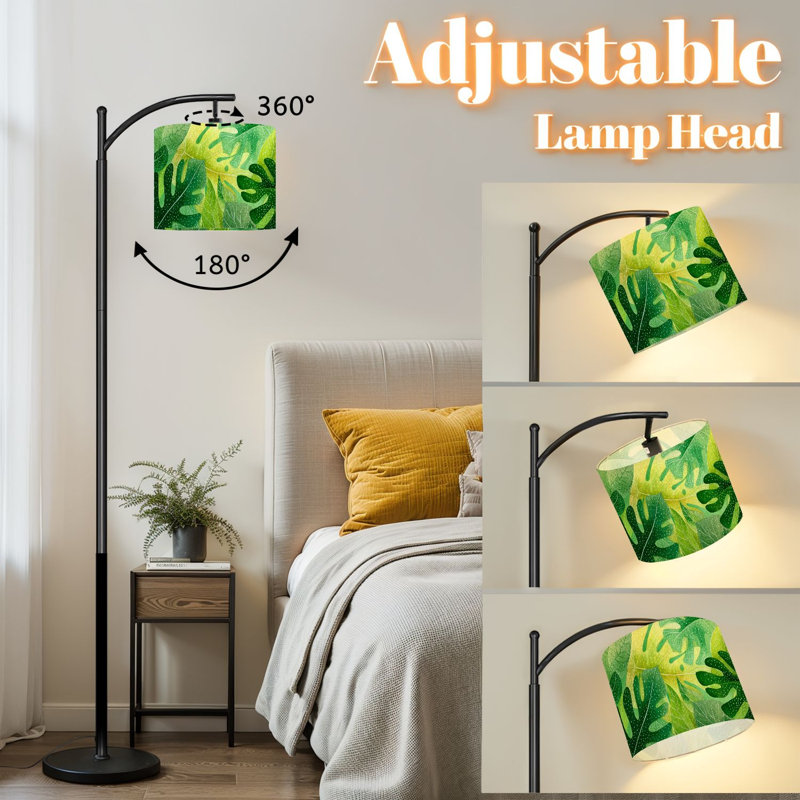 Arc Floor Lamp with Adjustable Lampshade Vintage Tropical Leafy Botanical Monstera Deliciosa Ensete Ventricosum Standing Lamp 3 Color Temperatures Dimmable Tall Pole Lamp with Foot Switch for Bedroom