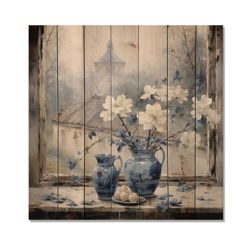 Charme de fenêtre floral blanc et bleu antique - fenêtres de ferme sur imprimé bois, H 36 po x l 36 po
