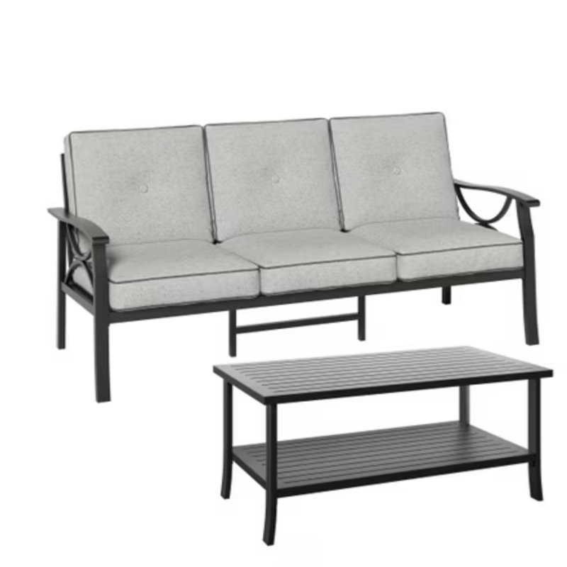 Ensemble de patio extérieur 2 pièces, canapé de patio 70 po en métal toutes saisons à 3 places et table basse rectangulaire, structure noire avec coussins gris