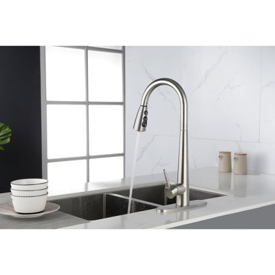Stainless Steel Kitchen Faucet With Pull Down Spray Head - Brushed Nickel, High Arc Single Handle, Deck Plate, Elegant Delight Handle Sink Steel, Simple Charm