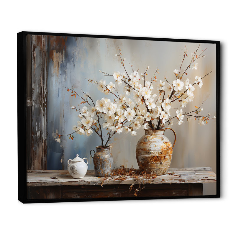 Art mural, poterie et fleurs, H 16 po x l 32 po x P 1 po, Cadre flottant noir
