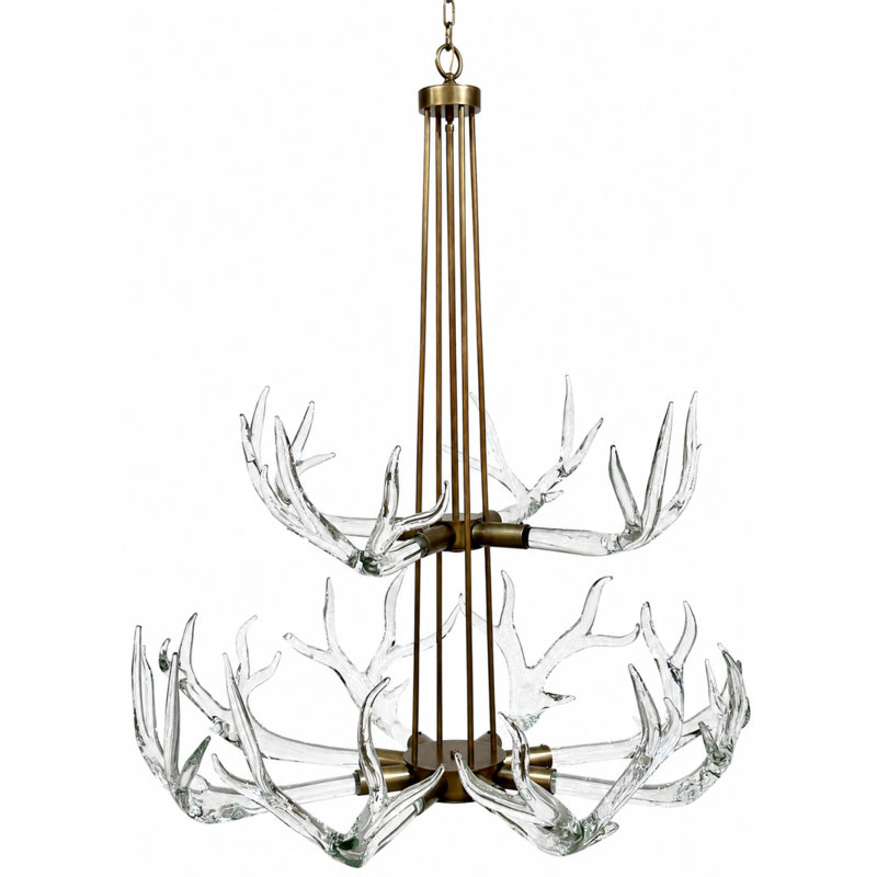 Lustre HYRA PS9093 à deux niveaux en cristal avec motif de cerf, 48 po de diamètre x 60 po de hauteur, Fumée, Laiton poli