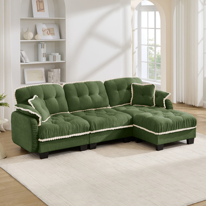 Canapé en forme de L en chenille avec 4 coussins, repose-pieds mobile et garniture capitonnée matelassée de conception ergonomique, canapé à assise profonde facile à assembler pour le salon, le bureau, un appartement, vert