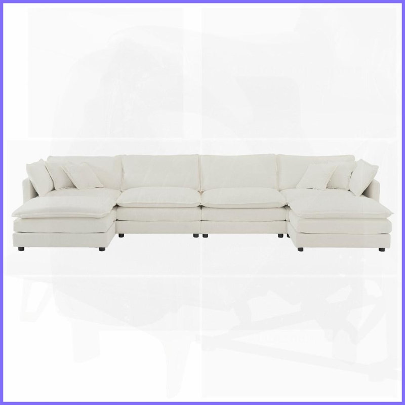 Canapé modulaire moderne en U en chenille blanc avec méridienne réversible et amp; Double repose-pieds - idéal pour le salon